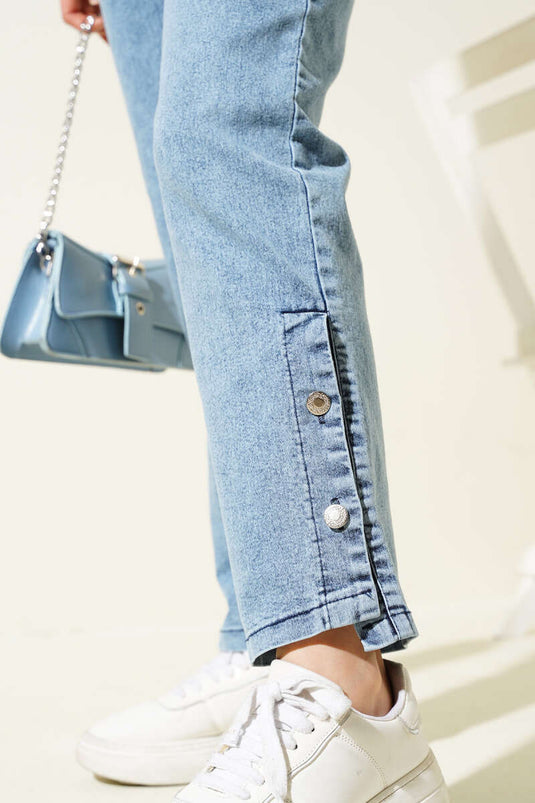 Pantalon à jambes boutonnées en métal bleu denim