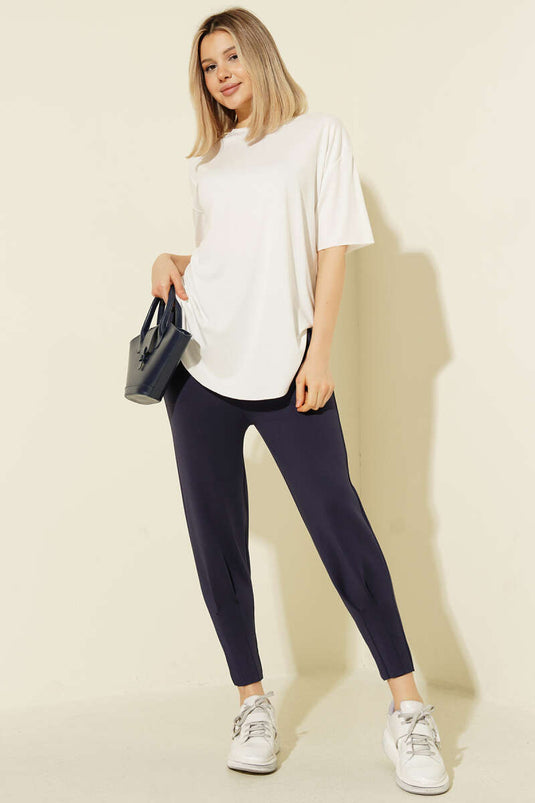 Scuba Pants with Pleated Cuffs and Elastic Waistband Navy Blue