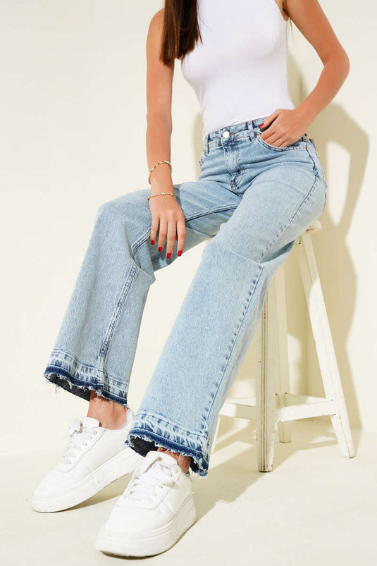 بنطال جينز مزين بشرابة على الحافة - لون أبيض ثلجي فاتح