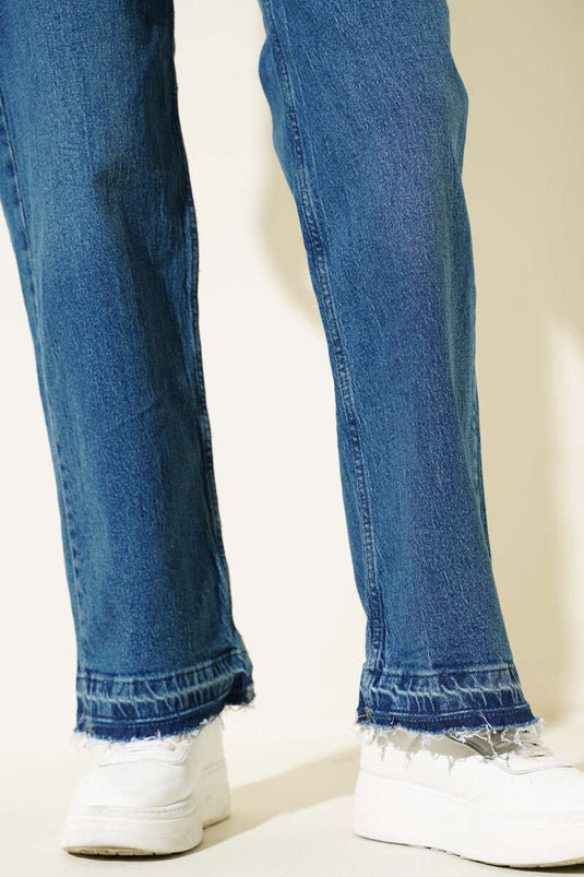 Paça Püskül Detaylı Kot Pantolon Mavi