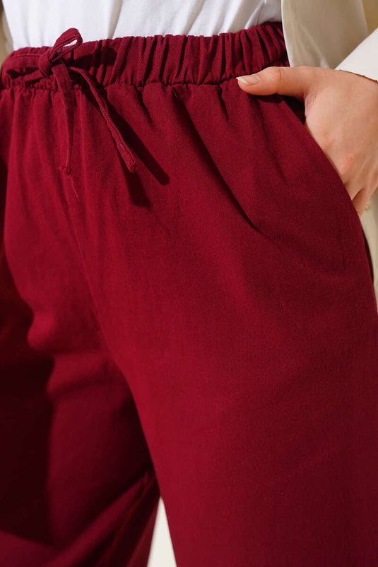 Paça Püsküllü İp Bağcık Detaylı Pantolon Bordo