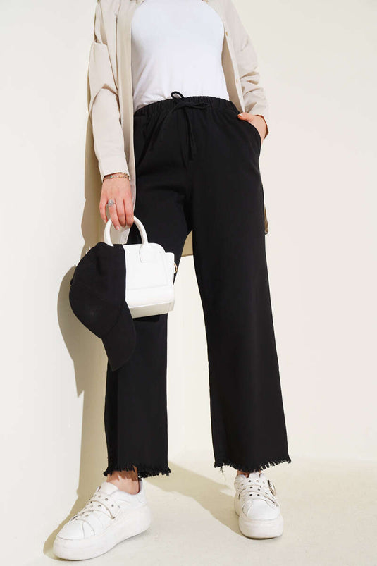 Paça Püsküllü İp Bağcık Detaylı Pantolon Siyah
