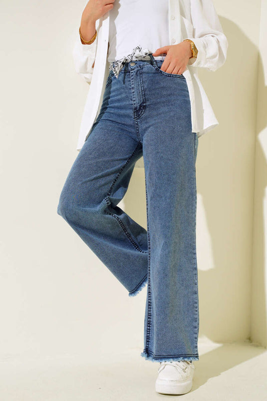 Fringe Belted Denim Pants Denim Blue