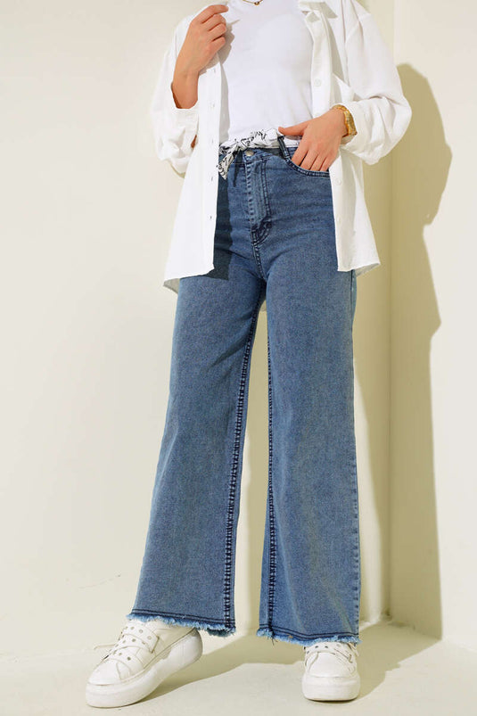 Fringe Belted Denim Pants Denim Blue