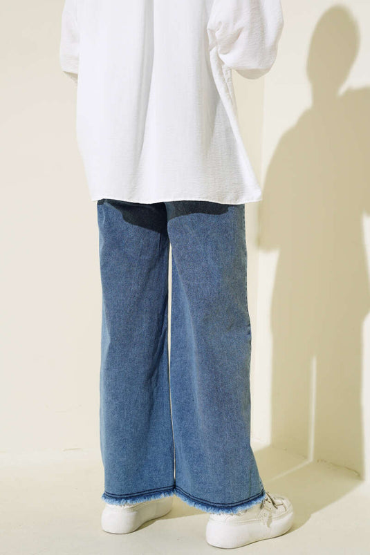 Fringe Belted Denim Pants Denim Blue