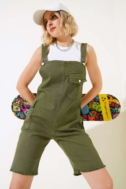 Short Sans Manches à Pompons Kaki