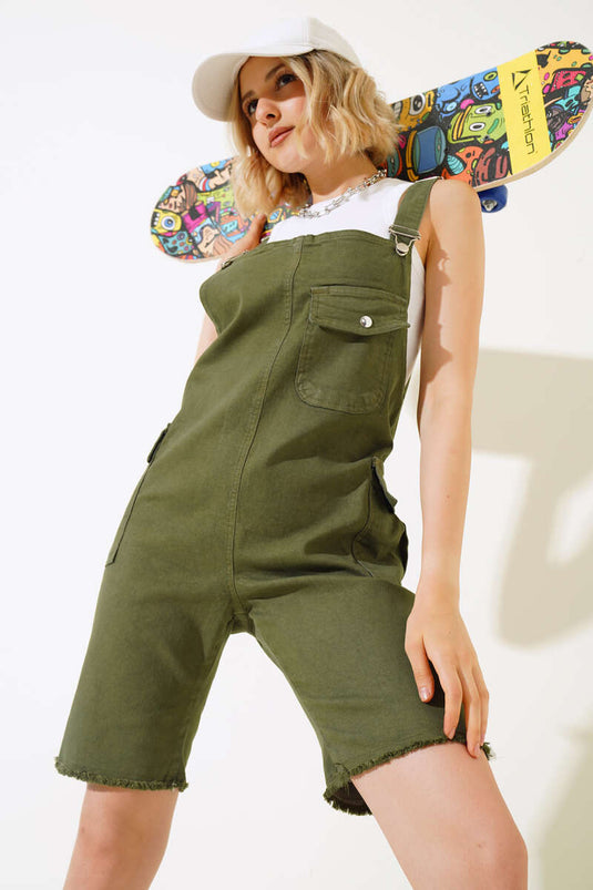 Short Sans Manches à Pompons Kaki