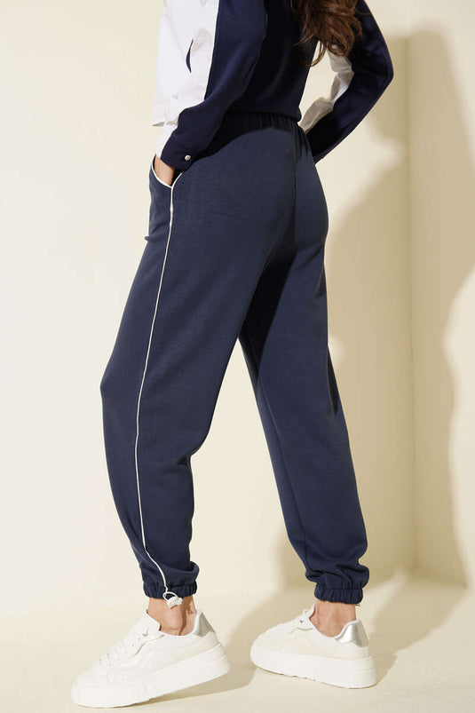 Navy Blue Loyşa Pants with Elastic Waist and Ankles