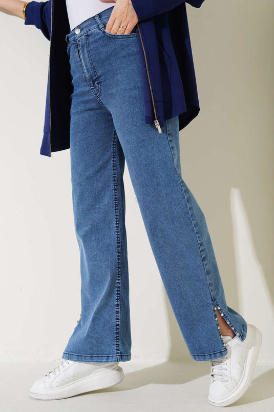 Stone-Studded Side Panel Denim Pants Denim Blue