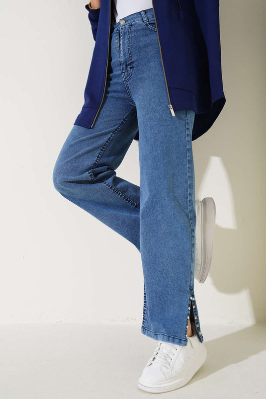 Stone-Studded Side Panel Denim Pants Denim Blue