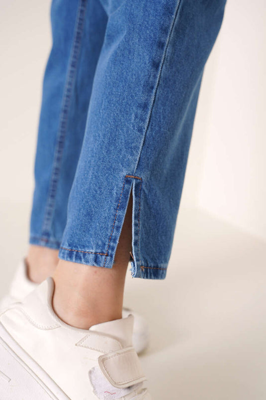 Pantalon Jean Fendu sur les Jambes Bleu Moyen