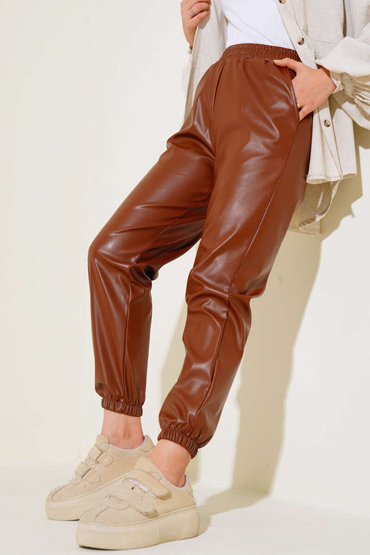 Elastic Cuff Leather Pants Tan