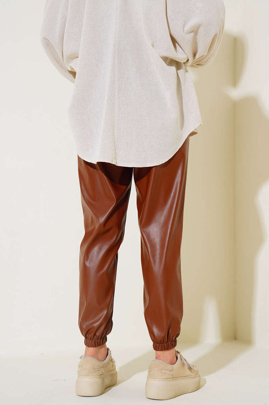 Elastic Cuff Leather Pants Tan