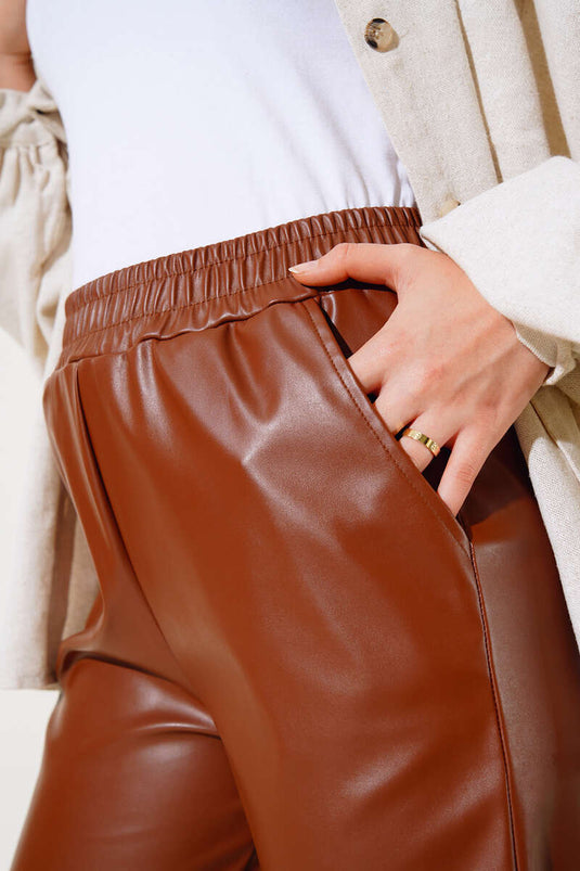 Elastic Cuff Leather Pants Tan