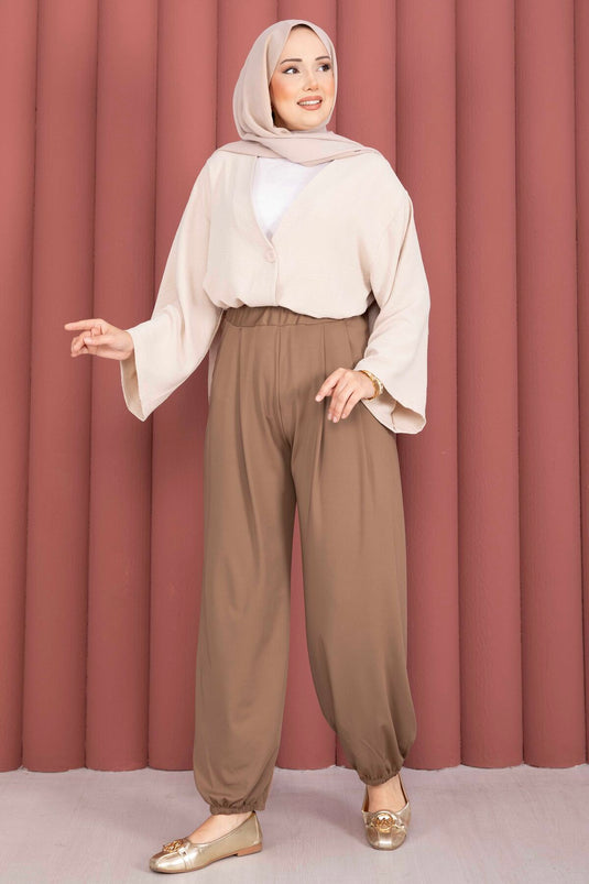 Paçası Lastikli Rahat Kalıp Şalvar Pantolon Camel