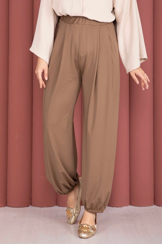 Paçası Lastikli Rahat Kalıp Şalvar Pantolon Camel