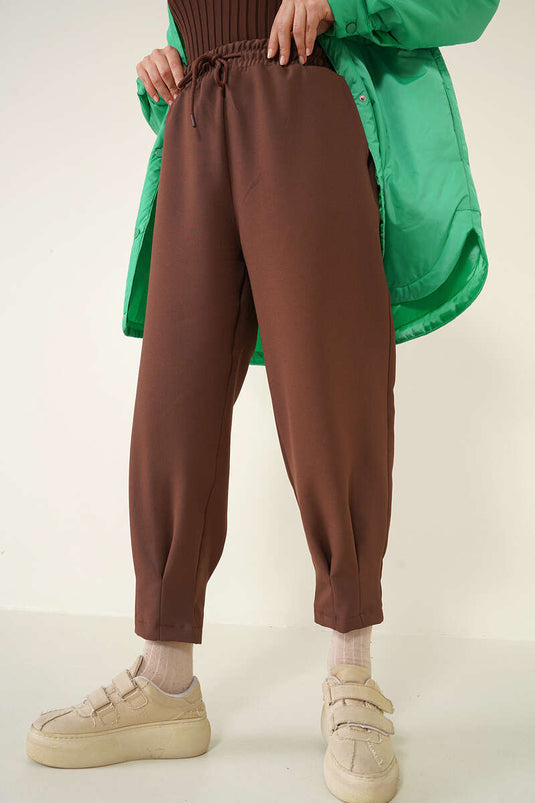 Pantalon à Jambes Pinces et Taille Élastique Marron