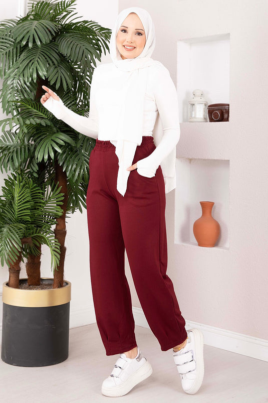 Paçası Pile Detaylı Cepli Oyşo Pantolon Bordo