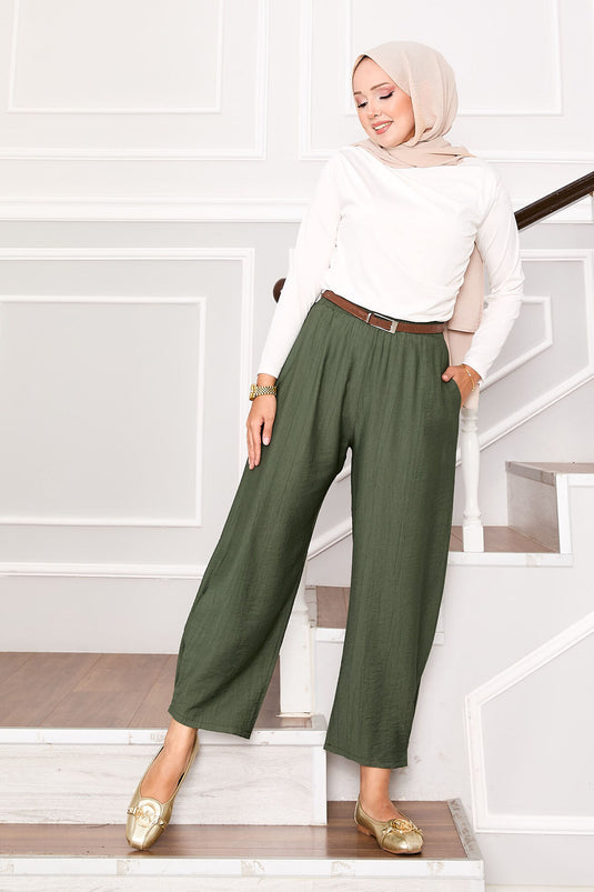 بنطلون شالوار مطوي ذو جيوب باللون الكاكي