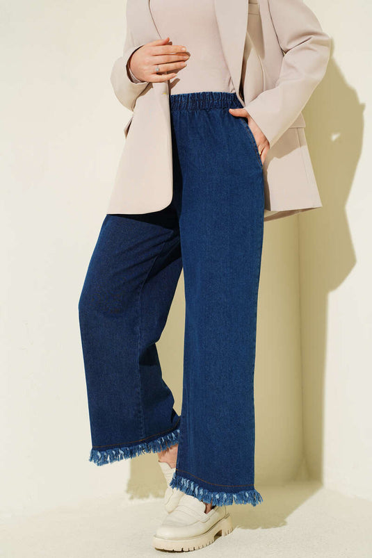 Paçası Püsküllü Bel Lastikli Kot Pantolon Mavi