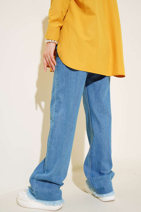 Fringed Cuff Light Blue Pants