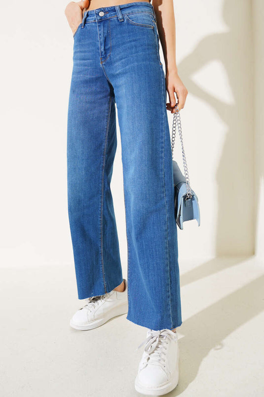 Jean palazzo à franges bleu