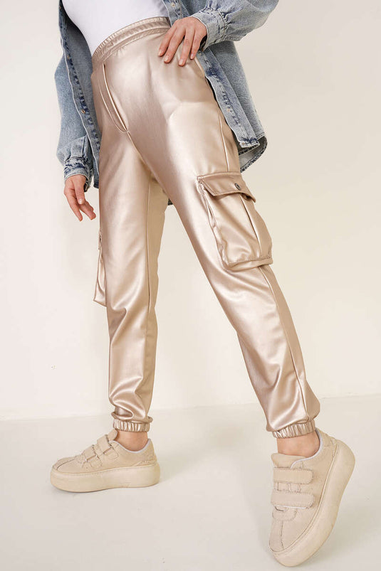 Pantalon cargo en cuir avec taille et jambes élastiques Doré