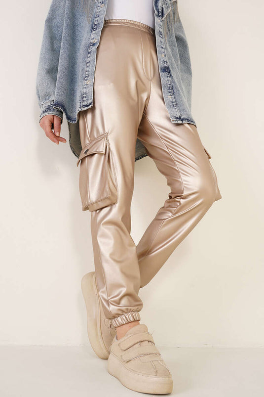 Pantalon cargo en cuir avec taille et jambes élastiques Doré