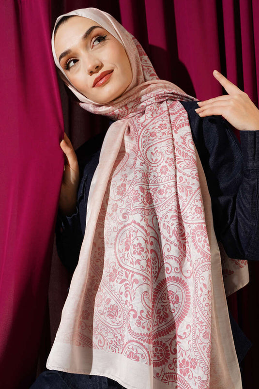 Paisley Çiçek Desen Şal Bej