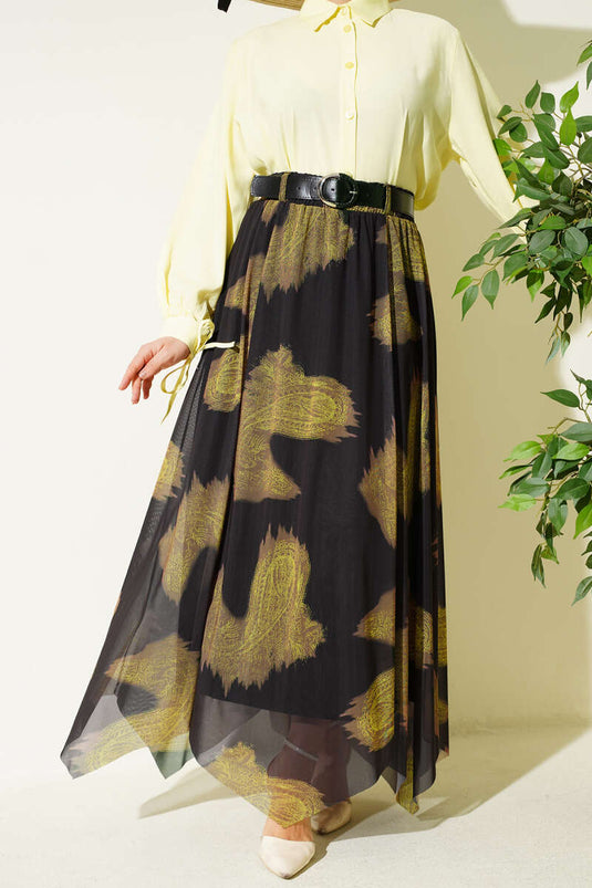 Falda de tul asimétrica con diseño paisley negra