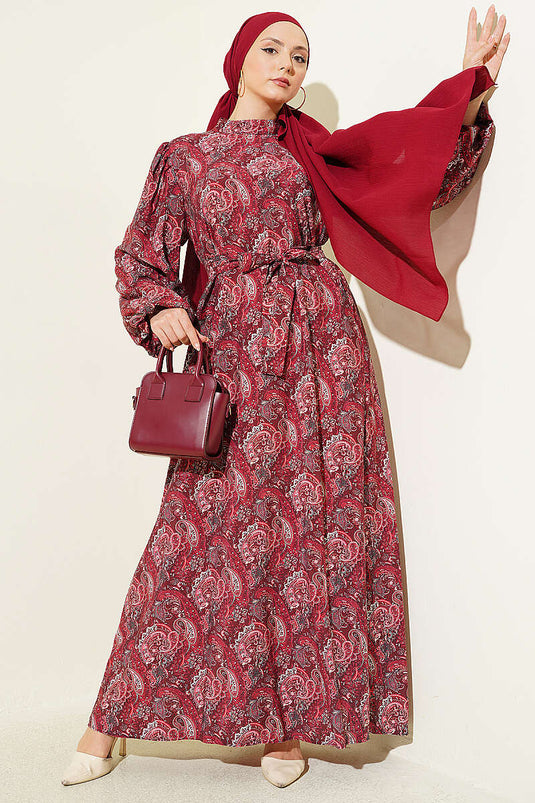 Paisley-Muster Ballonärmel Kleid mit Gürtel in Bordeaux