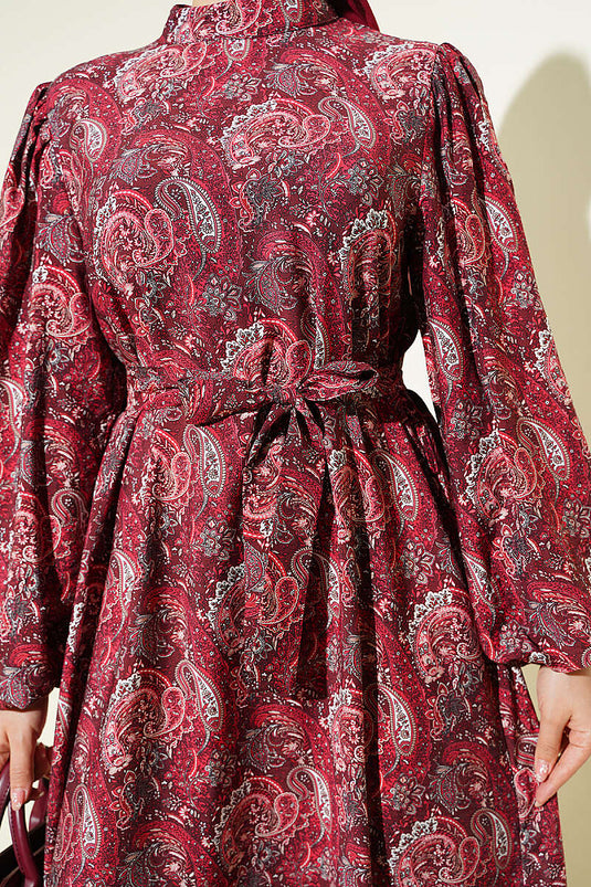 Paisley-Muster Ballonärmel Kleid mit Gürtel in Bordeaux