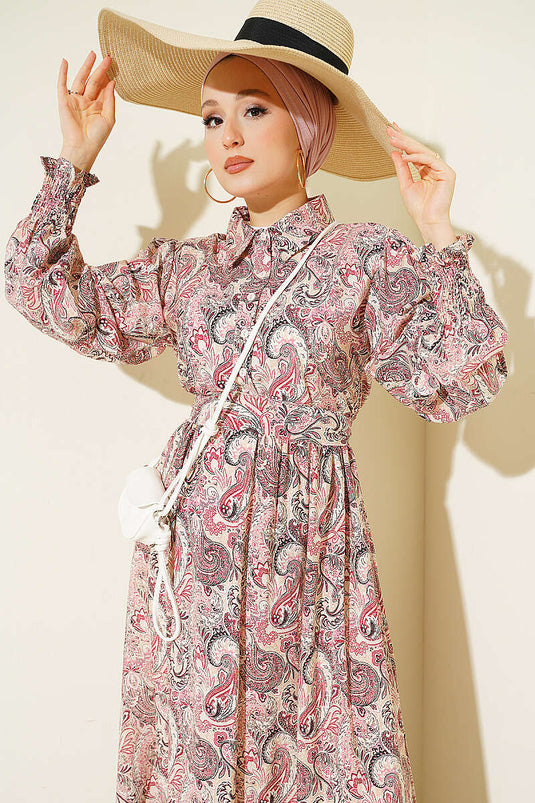 Paisley Desen Bilek Gipeli Elbise Bej