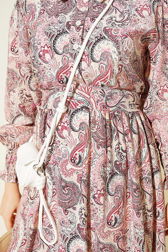 Paisley Desen Bilek Gipeli Elbise Bej