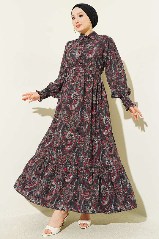 Paisley Desen Bilek Gipeli Elbise Siyah
