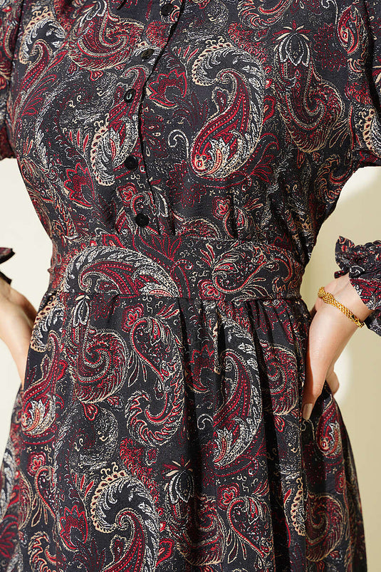 Paisley Desen Bilek Gipeli Elbise Siyah