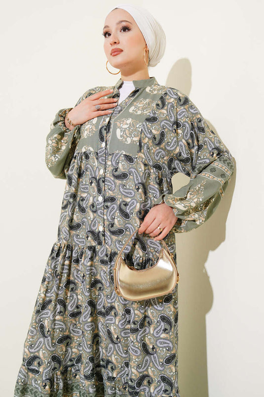 Robe boutonnée à motif cachemire vert amande