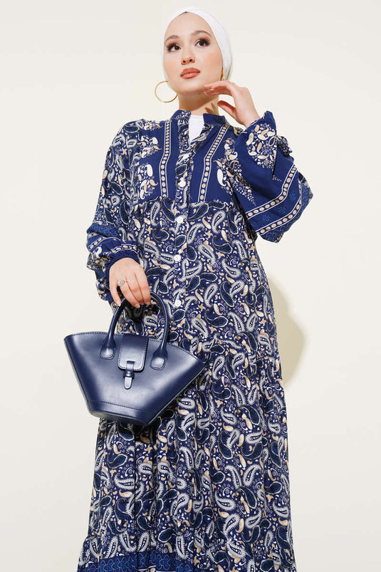 Kleid mit Knöpfen und Paisley-Muster, Marineblau
