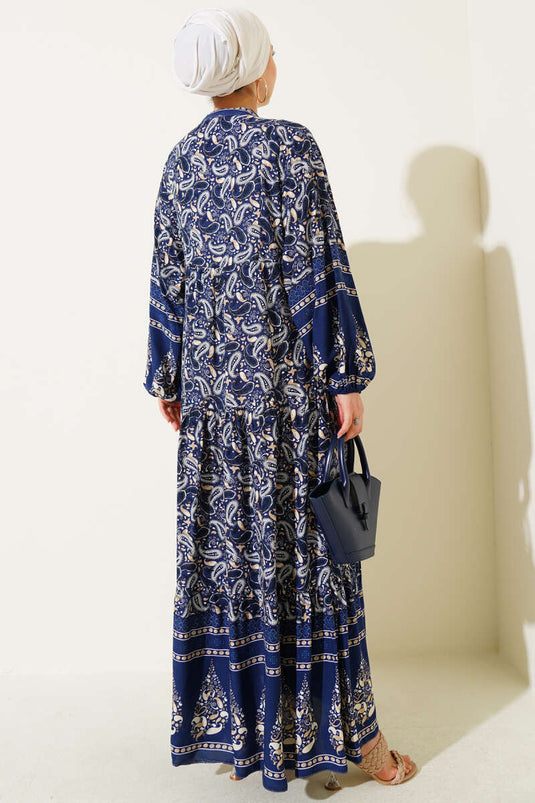 Kleid mit Knöpfen und Paisley-Muster, Marineblau