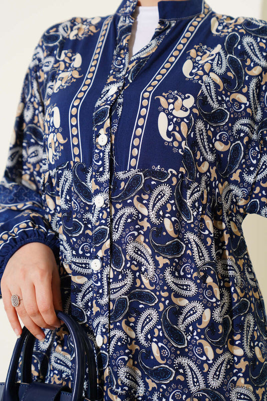Kleid mit Knöpfen und Paisley-Muster, Marineblau