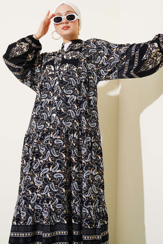 Paisley Desen Düğmeli Elbise Siyah