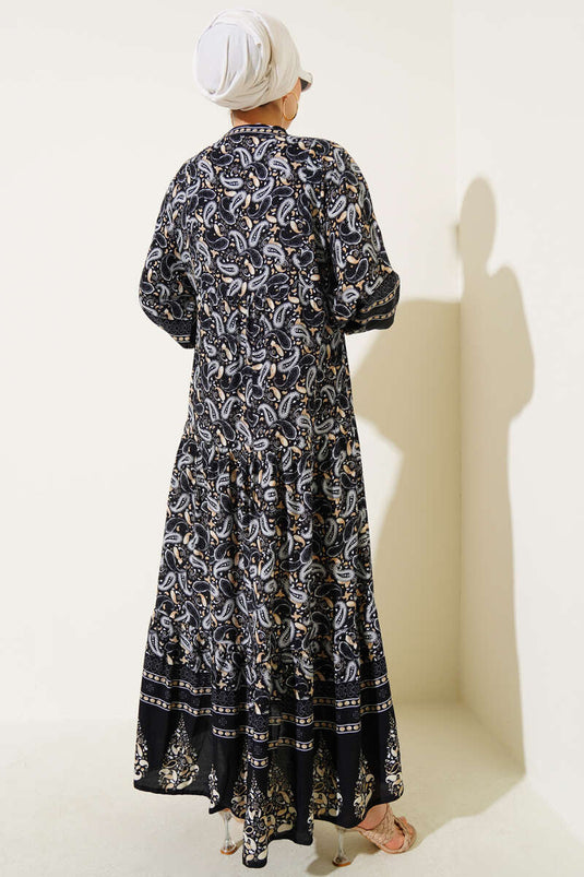 Paisley Desen Düğmeli Elbise Siyah
