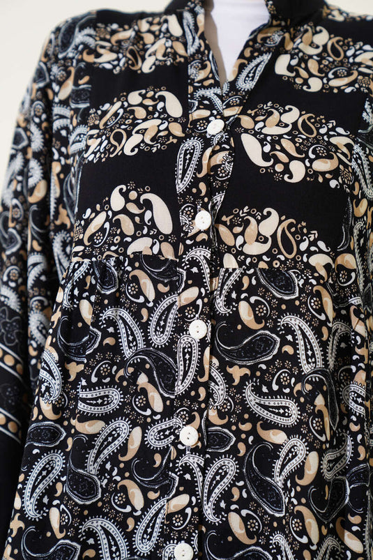 Paisley Desen Düğmeli Elbise Siyah