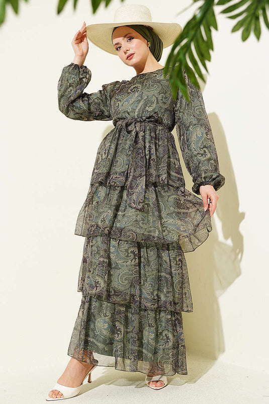 Robe en chiffon à volants motif paisley émeraude