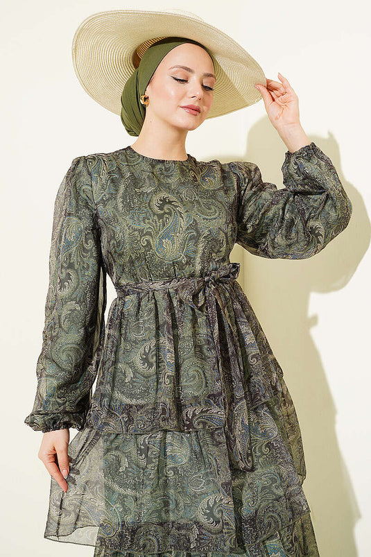 Robe en chiffon à volants motif paisley émeraude