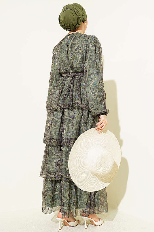 Robe en chiffon à volants motif paisley émeraude