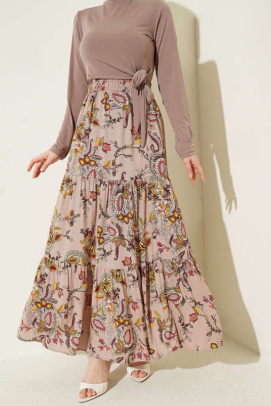 Jupe en viscose à volants motif cachemire beige