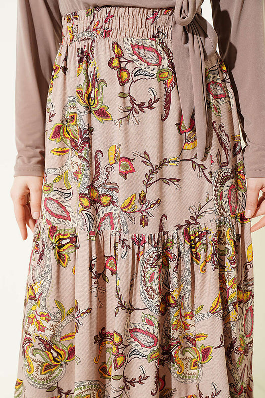 Jupe en viscose à volants motif cachemire beige