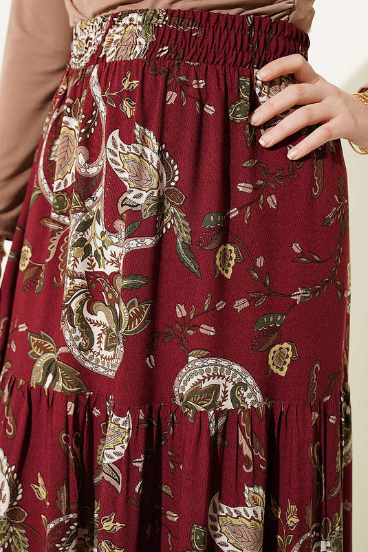 Jupe en viscose à volants motif cachemire bordeaux
