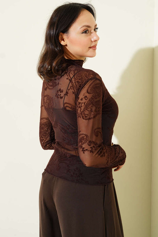 Paisley Patterned Gauze Blouse Dark Brown